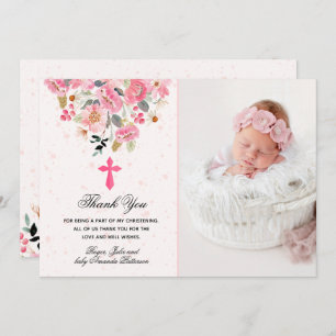 Girl Foto Christening Waterverf Pink Floral Bedankkaart