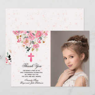 Girl Foto Waterverf Pink Floral First Commune Bedankkaart