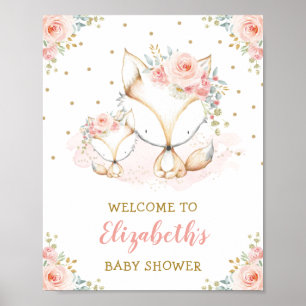 Girl Fox Blush Pink Floral Baby shower Welkom Poster