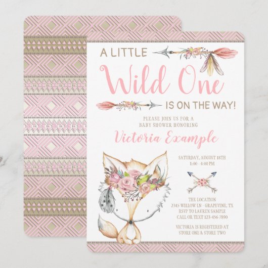 Girl Fox Wild One Baby Shower Invitations (Devant / Derrière)