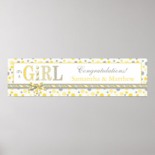 GIRL Geel Grijs Stip Baby shower Banner Poster