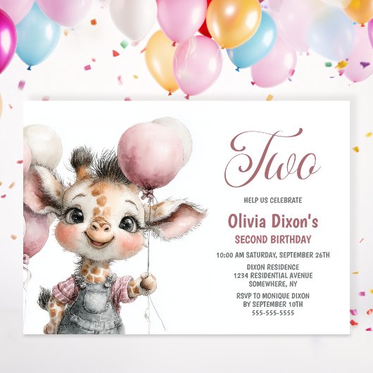 Girl Giraffe 2nd Birthday Party Invitation