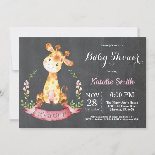 Girl Giraffe Baby shower Invitation Chalkboard Kaart (Voorkant)