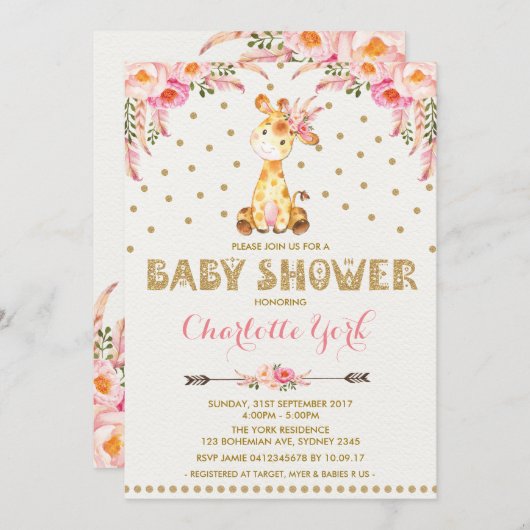 Girl Giraffe Baby shower Pink Floral Tribal Invite Kaart (Voorkant / Achterkant)