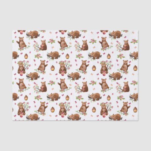 Girl Honey Beren Pattern - Roze Brown White Tissue Tissuepapier (Voorkant)