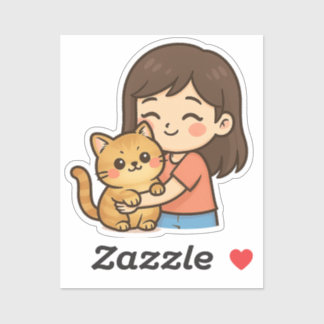Girl Hugging Her Cat Sticker