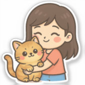 Girl Hugging Her Cat Sticker (Voorkant)