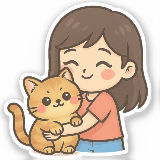 Girl Hugging Her Cat Sticker (Voorkant)