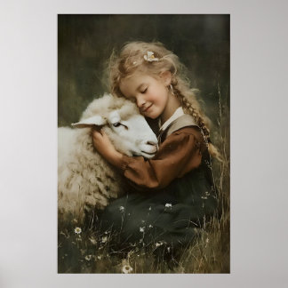 Girl Hugs A Sheep Print, Whimsical Farm Nursery Poster