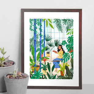 Girl in greenhouse reading illustration poster