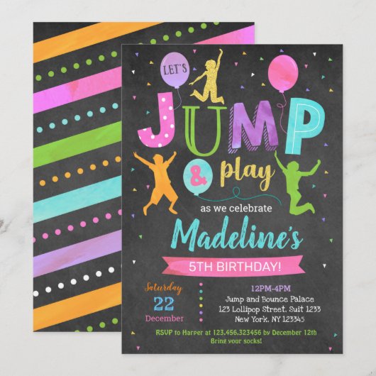 Girl Jump Trampoline Park Invitations d'anniversai (Devant / Derrière)