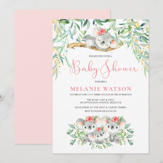 Girl Koala Bush Babies Baby Shower Invitations (Devant / Derrière)