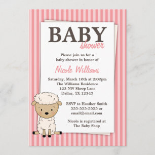 Girl Lamb Baby shower Pink Stripe Kaart