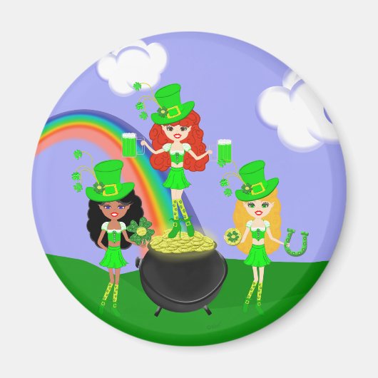 Girl Leprechauns Rainbow en Pot of Gold Magneet (Voorkant)