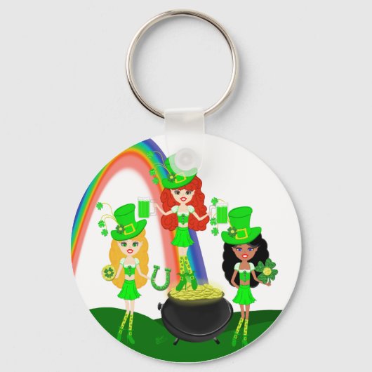 Girl Leprechauns Rainbow en Pot of Gold Sleutelhanger (Voorkant)
