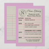 Girl Library Card Baby shower Pink Uitnodiging (Voorkant / Achterkant)