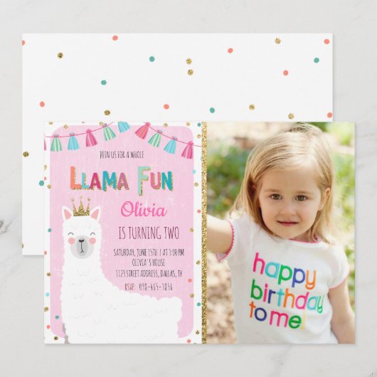Girl Llama Birthday Invitation Kaart (Voorkant / Achterkant)