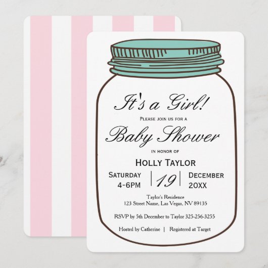 Girl Mason Jar Baby shower Invitation (Devant / Derrière)