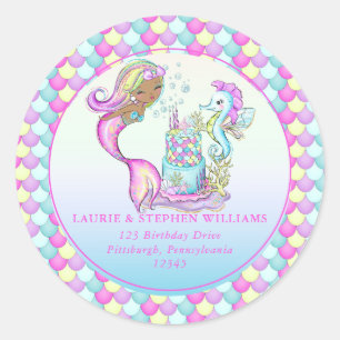 Girl Mermaid of Color 1st Birthday Return Address Ronde Sticker