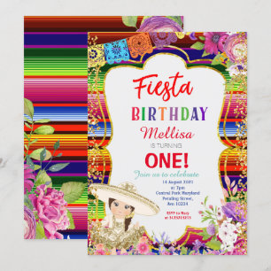 Girl Mexican Fiesta Birthday Party Invitation Gold Kaart