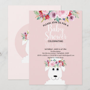Girl Modern Waterverf Lamb & Flowers Baby shower Kaart