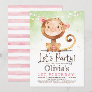 Girl Monkey Birthday Party Invitation Kaart