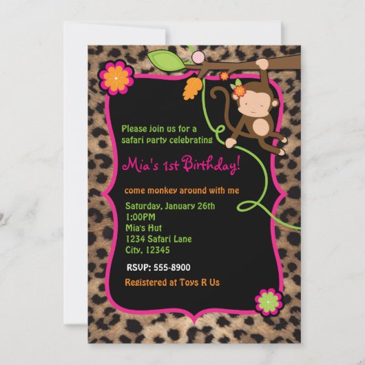Girl Monkey Safari Chic Jungle Leopard Invitations (Devant)