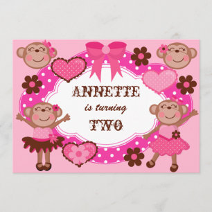 Girl Monkeys Birthday Invitations Kaart