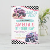 Girl Monster Trucks Verjaardag Uitnodiging. Race o Kaart (Staand voorkant)