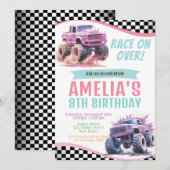 Girl Monster Trucks Verjaardag Uitnodiging. Race o Kaart (Voorkant / Achterkant)