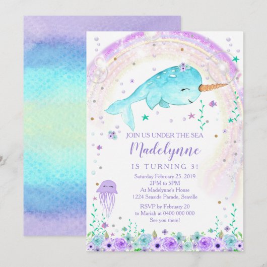 Girl Narwhal Invitation Kaart (Voorkant / Achterkant)