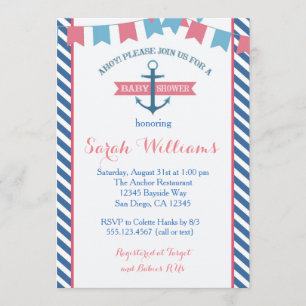 Girl Nautical Baby shower Invitation Pink and Blue Kaart