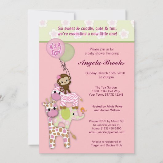 Girl Oerwoud Safari Animal Baby Shower Invitations Kaart (Voorkant)
