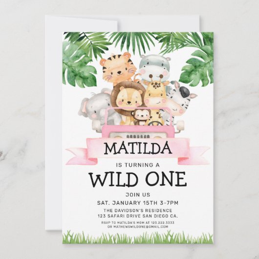 Girl Oerwoud Safari Wild Uitnodiging één dag (Voorkant)