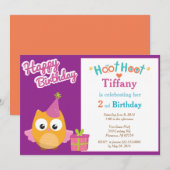 Girl Owl Birthday Party Invitation Kaart (Voorkant / Achterkant)
