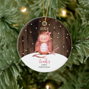 Girl Owl Cute Personalized Woodland Baby kerst Keramisch Ornament