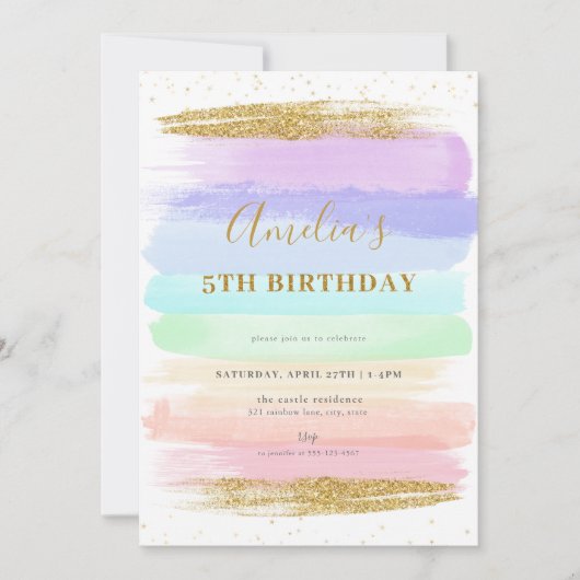 Girl Pastel Rainbow 5th Birthday Invitation (Devant)