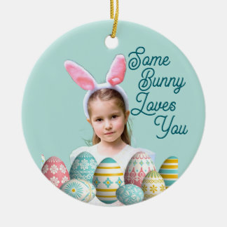 Girl Photo Bunny Ears Cute Blue  Keramisch Ornament