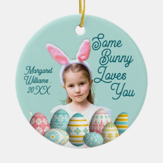 Girl Photo Bunny Ears Cute Blue  Keramisch Ornament