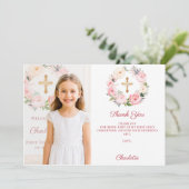 Girl photo pink florals cross First Communion Bedankkaart (Staand voorkant)