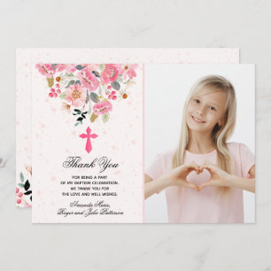 Girl Photo Waterverf Pink Flowers Baptisme Bedankkaart