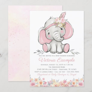 Girl Pink Boho Elephant Baby shower Kaart