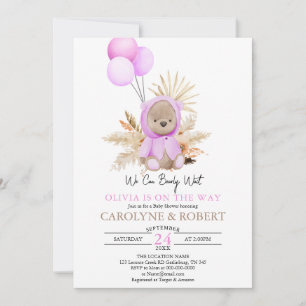 Girl Pink Boho Teddy Bear Barly Wait Baby shower Kaart