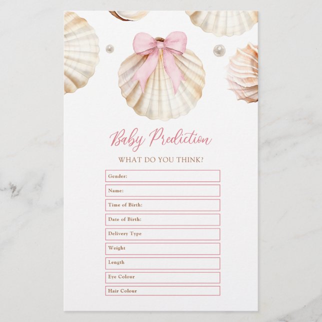 Girl Pink Bow Shell Baby Shower Baby Predictions  (Voorkant)