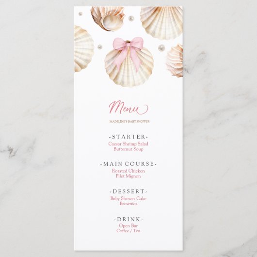 Girl Pink Bow Shell Baby Shower Flat Menu (Voorkant)