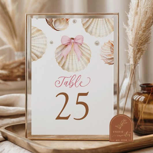 Girl Pink Bow Shell Baby Shower Table Number Kaart