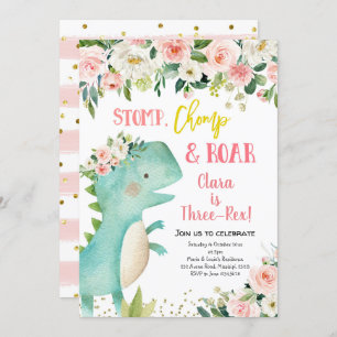 Girl Pink Dinosaur Three-Rex Birthday Invitation Kaart