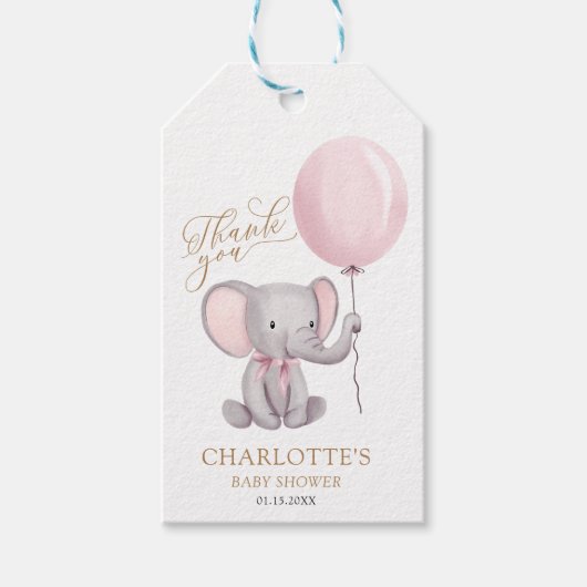 Girl Pink Elephant Ballon Baby shower Dank je Cadeaulabel (Voorkant)