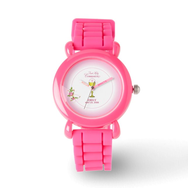 Girl Pink First Heilige Communie, Chalice, Host, R Horloge (Voorkant)