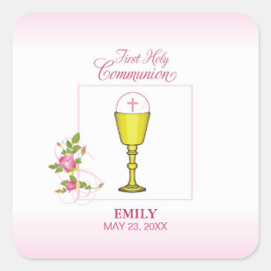 Girl Pink First Heilige Communie, Chalice, Host, R Vierkante Sticker